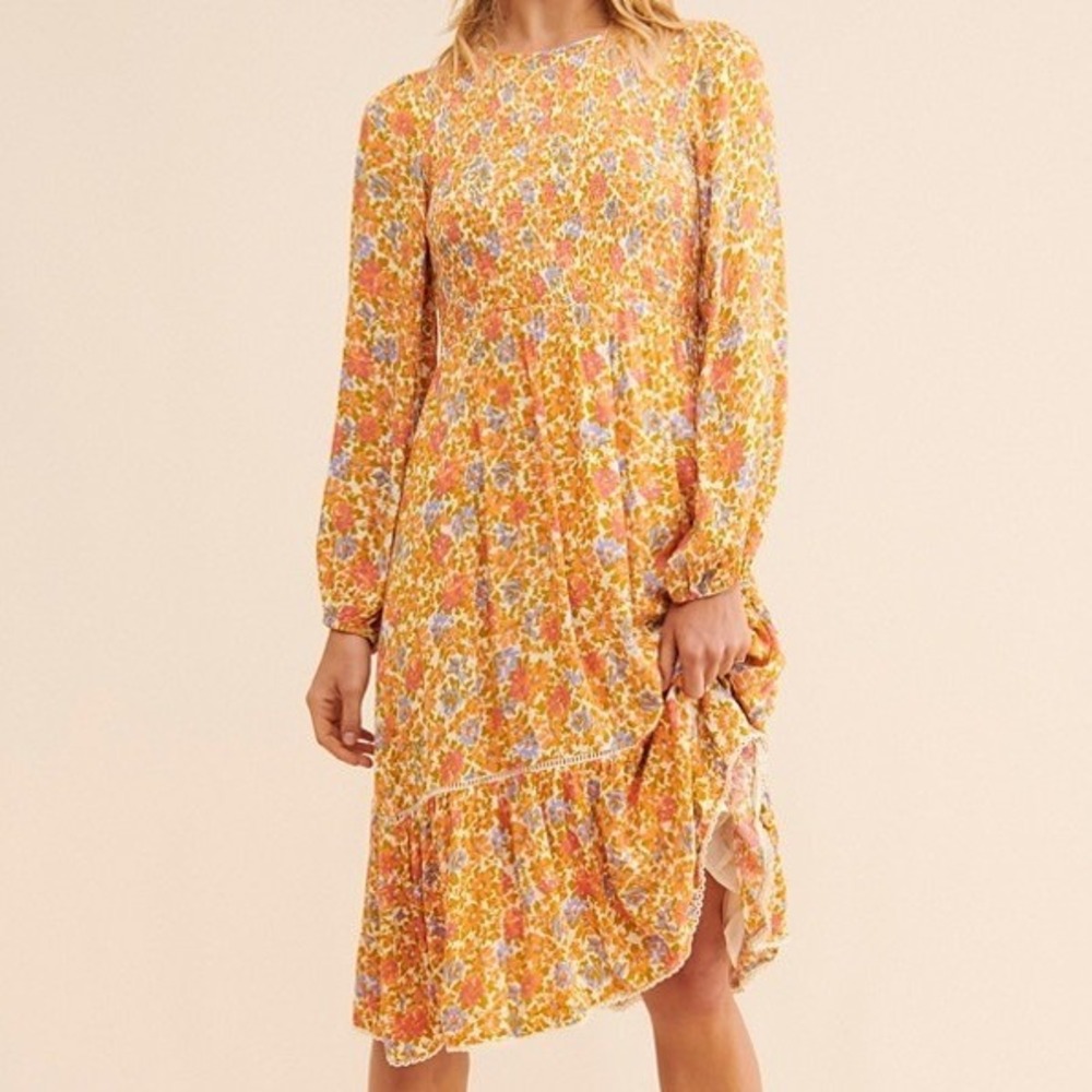 Lost‎ + Wander Cali Dreaming Midi Dress Orange Floral Smocked Long Sleeve XS